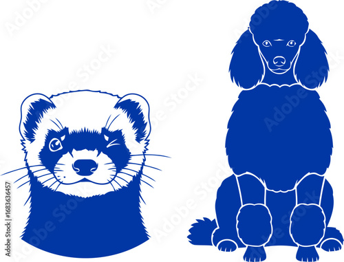 playful ferret and poodle silhouettes a whimsical cobalt blue duo, symbolizing friendship and joyful companionship, isolated on transparent background