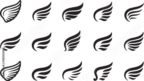 Wings set vector illustration with bird and feather design in black silhouette style. set of black wings icons, angel or bird wings