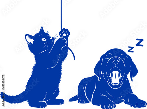 playful kitten, yawning puppy blue silhouette duo, representing childlike joy and sweet dreams, isolated on transparent background