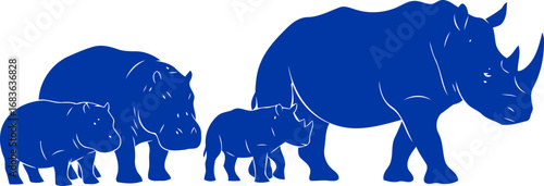 serene blue hippo and rhino family symbol of wildlife harmony and enduring bonds, isolated on transparent background