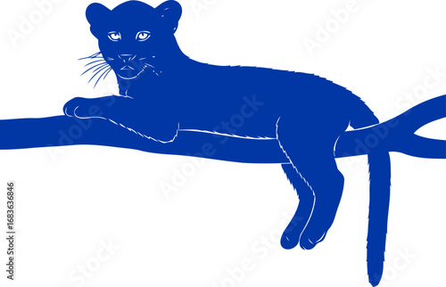 serene blue panther silhouette jungle dreams, branch resting, wild grace, isolated on transparent background