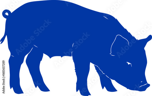 serene cobalt pig silhouette symbol of tranquility, contentment, and rustic charm, isolated on transparent background