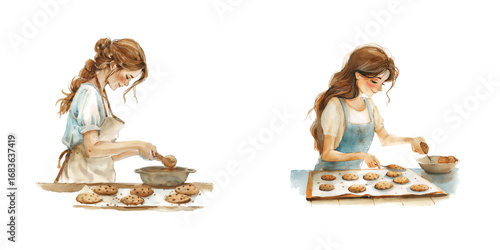 woman baking cookies watercolor vector illustration