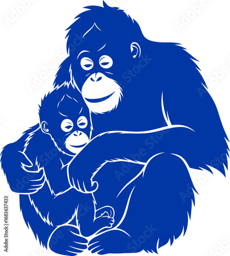 tender orangutan embrace cobalt blue silhouettes of mother and baby, symbolizing unconditional love and family bonds, isolated on transparent background