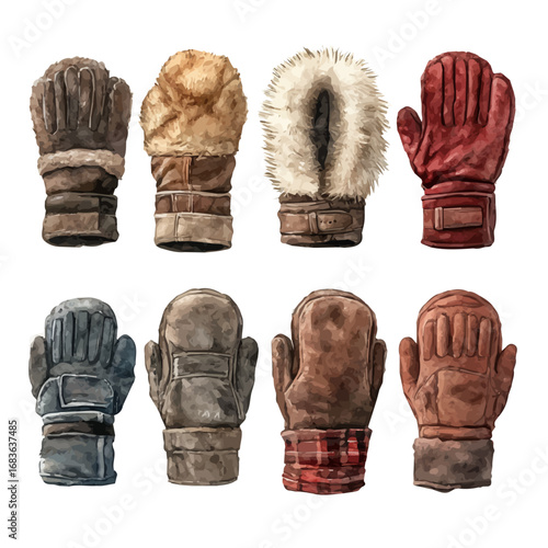 Winter Mittens Set, watercolor painting vector, isolated on a white background.