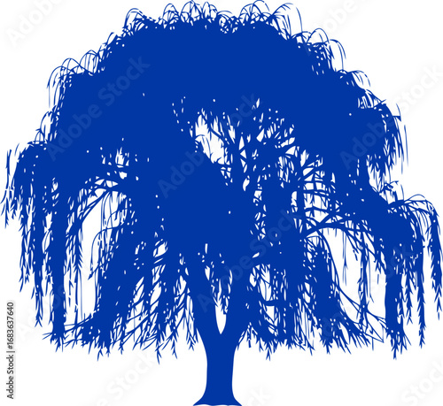 weeping willow silhouette cobalt blue serenity, whispering tranquility and timeless elegance, isolated on transparent background