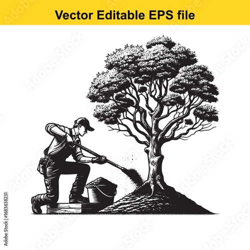 Gardener tending to a large tree, isolated on white background