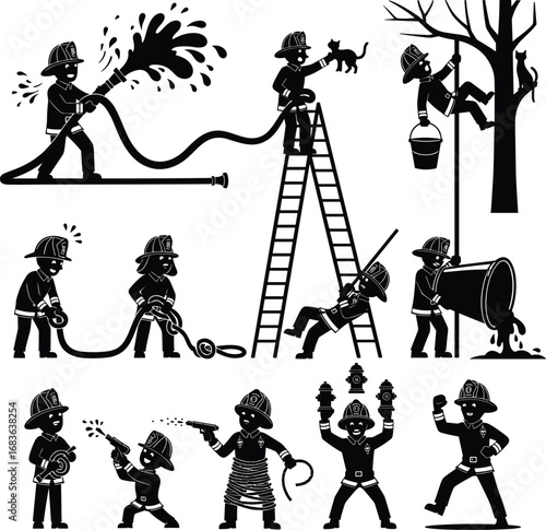 Firefighters Silhouettes Performing Rescue Actions with Hoses, Ladders, Ropes, and Teamwork in Emergency Firefighting and Animal Rescue Vector Set