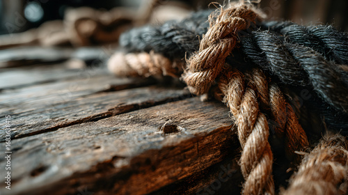 Close-up of tan and dark brown rope on a weathered wooden surface.