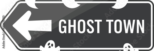Spooky ghost town sign points left with cute ghosts for halloween decoration