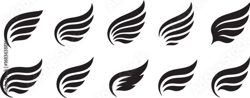 Wings set vector illustration with bird and feather design in black silhouette style. set of black wings icons, angel or bird wings