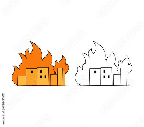Vector art of cityscape buildings on fire with flames and outline version isolated