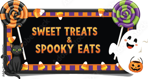 Halloween themed sign with ghost cat candy corn and lollipops illustration