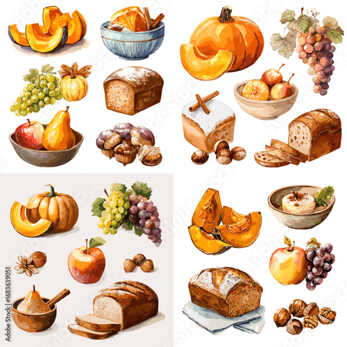 Watercolor autumn harvest illustration with pumpkins, grapes, apples, bread, nuts, and bowls in a rustic seasonal food theme.