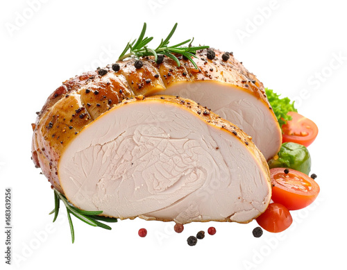 Sliced baked turkey breast with herbs and crispy skin on a white background