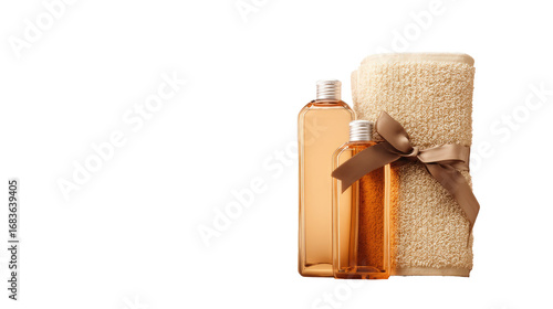 Beige-toned bath products, two bottles and a towel, tied with a ribbon