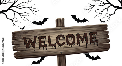 Spooky halloween welcome sign with bats and moon for a haunted house party