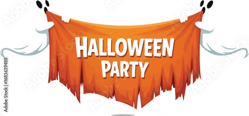 Two cartoon ghosts holding an orange banner that says halloween party in white