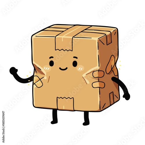 A charming, anthropomorphic cardboard delivery box with a cheerful face and waving arm, symbolizing efficient, eco-friendly e-commerce and thoughtful shipping.