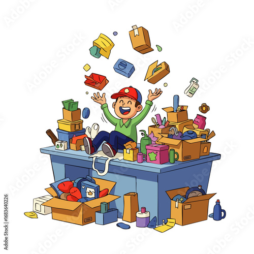 A joyful person celebrates amidst a playful cascade of e-commerce packages and boxes, symbolizing efficient order fulfillment and exciting delivery experiences.