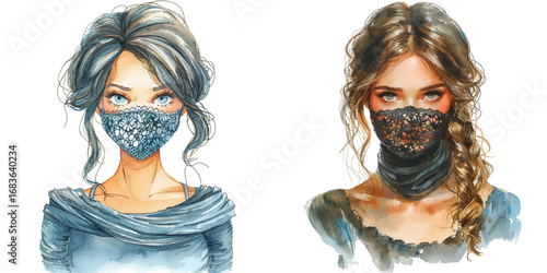 woman wearing lace mask watercolor vector illustration