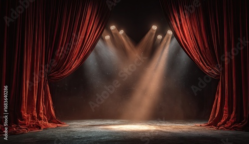 Stage with crimson curtains and spotlights