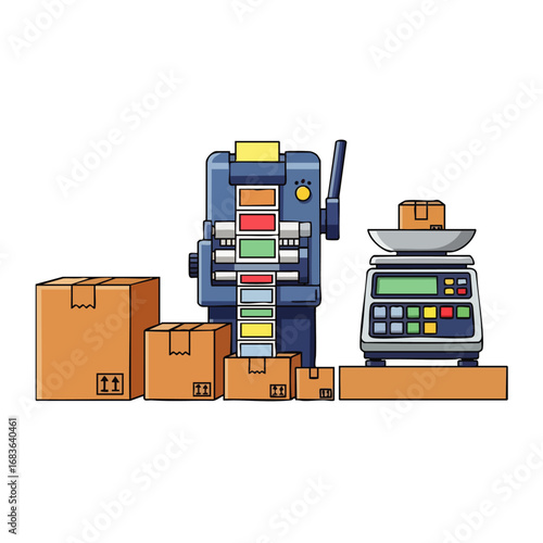 An efficient e-commerce fulfillment process featuring a label printer, cardboard boxes, and a digital scale, illustrating modern shipping and packaging logistics for businesses.