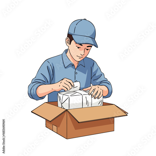 An attentive individual meticulously prepares a customer's online order for shipment, showcasing efficient e-commerce fulfillment and responsible packaging.