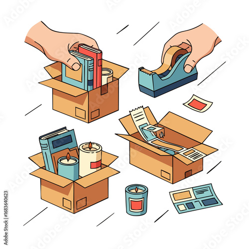 Hands carefully pack various products into eco-friendly cardboard boxes, preparing for efficient e-commerce fulfillment and personalized customer delivery.