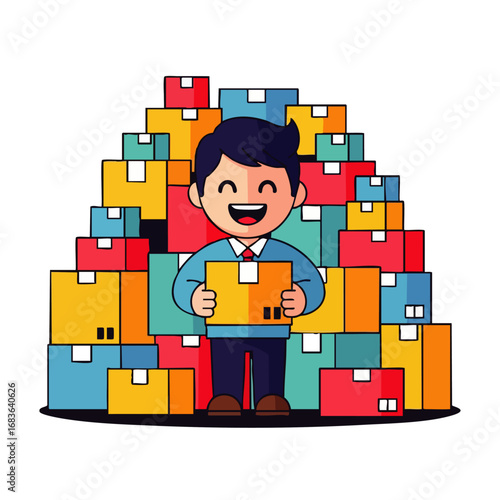 A cheerful person stands proudly amidst a large stack of colorful boxes, symbolizing efficient e-commerce order fulfillment and successful package delivery.