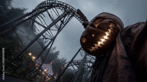 Creepy Halloween scene with a glowing pumpkin head figure standing near an abandoned amusement park roller coaster in foggy weather. Dark, spooky, and atmospheric background.