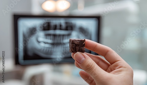 Hand holds a dark chocolate square in front of a dental x-ray image