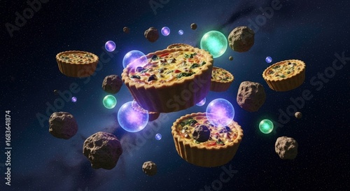 Cosmic Culinary Adventure with Floating Pies Amidst Asteroids and Colorful Energy Spheres in a Mystical Space Background