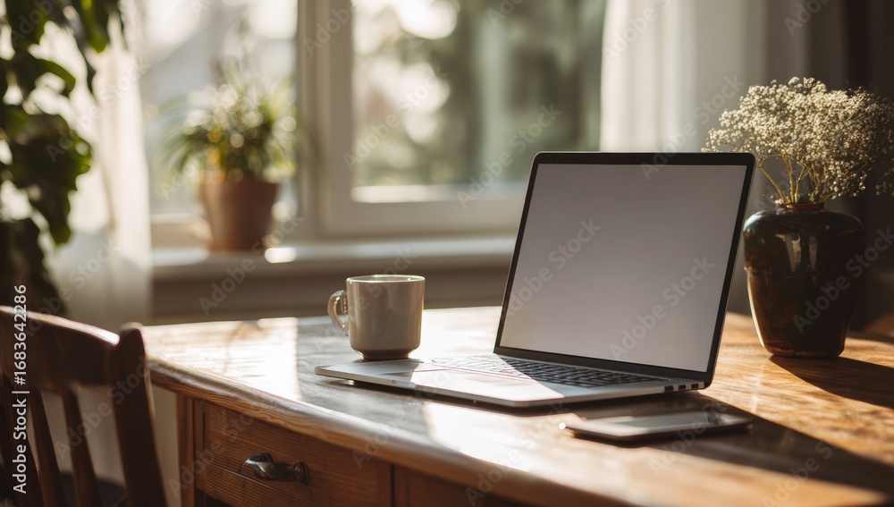 Fototapeta premium Laptop on a table by a sunny window