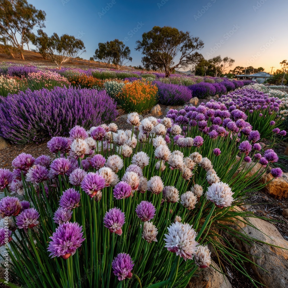 Obraz premium Vibrant flowerbeds in a field at sunset. Colorful rows of lavender, chives, and other blossoms fill the foreground and mid-ground, leading to distant trees under a pastel sky