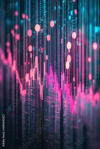 Abstract glowing digital data streams with pink and blue lines, representing fintech innovation growth and financial market trends.