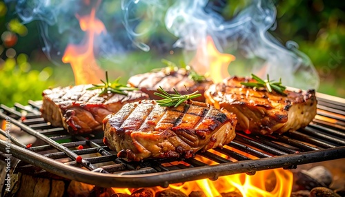 Delicious, grilled fish steaks cook over hot flames on an outdoor grill, flavored with fresh rosemary, in a warm and inviting summer setting.