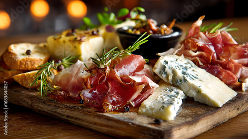 una tabla de madera con quesos y jamones gourmet alimentos de aperitivos con ingredientes de calidad finos y deliciosos 