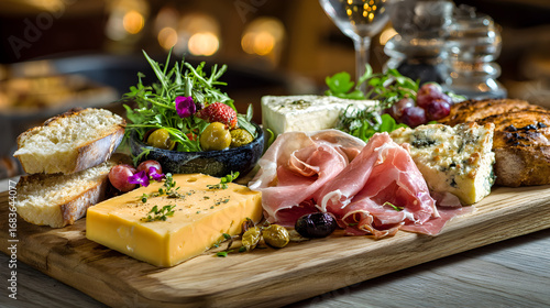 una tabla de quesos y jamones finos y elegantes rebanadas de alimentos de aperitivos sobre una tabla de madera para cortar variedad de quesos e ingredientes gourmet