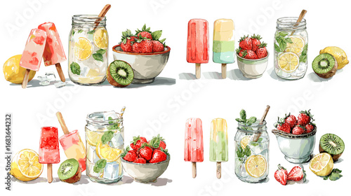 Fresh watercolor summer illustration with popsicles, lemonade jars, kiwi, strawberries, and lemons for refreshing seasonal food design.
