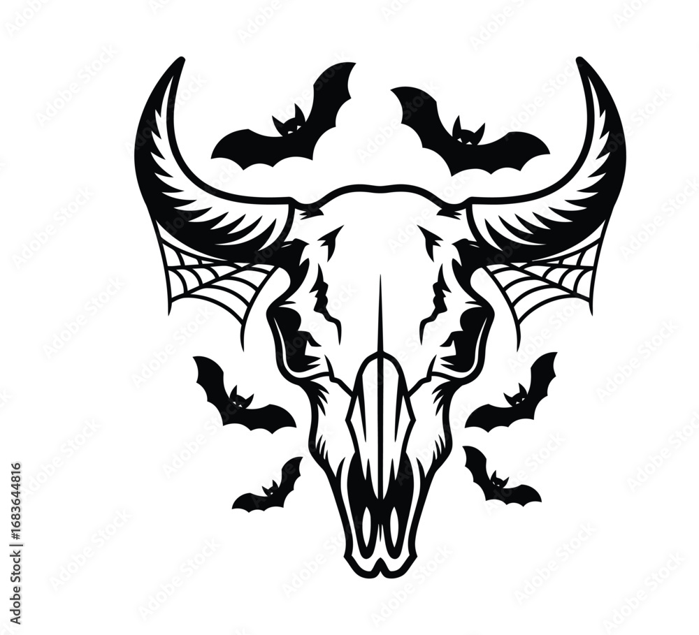Fototapeta premium Bull skull silhouette with cobwebs and bats in spooky halloween black and white vector design