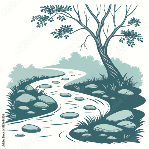 A serene winding stream with stepping stones and a lone tree in a peaceful natural landscape
