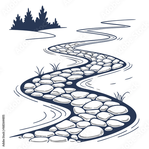 A winding stone pathway through a serene landscape with silhouetted trees and gentle water ripples