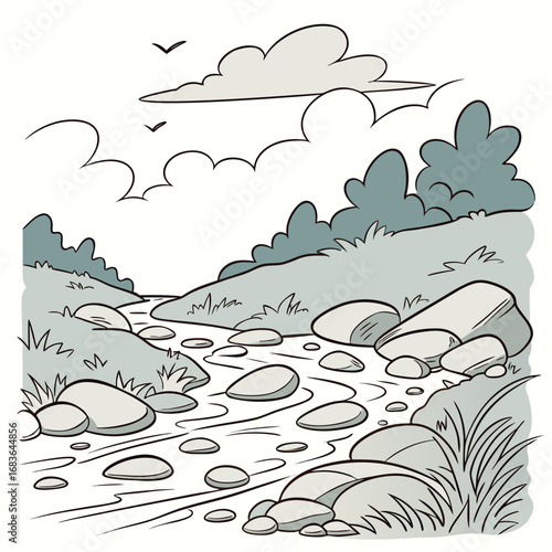 Cartoon illustration of a winding river flowing through a rocky landscape with trees and clouds