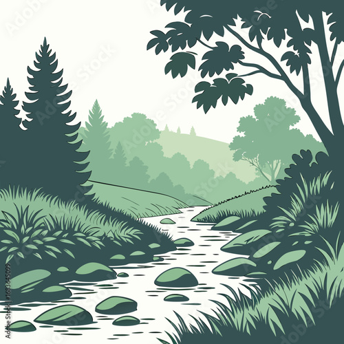 Serene forest stream flowing through lush green grass and rocks with distant rolling hills