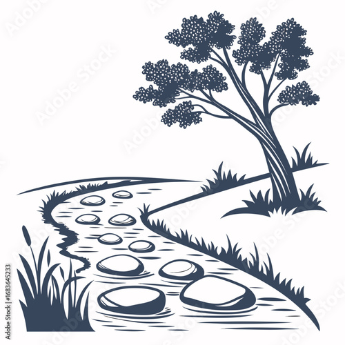 Serene landscape with a winding stream stepping stones and a stylized tree