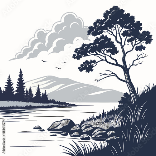 Serene landscape with a solitary tree by the water and distant mountains under a cloudy sky