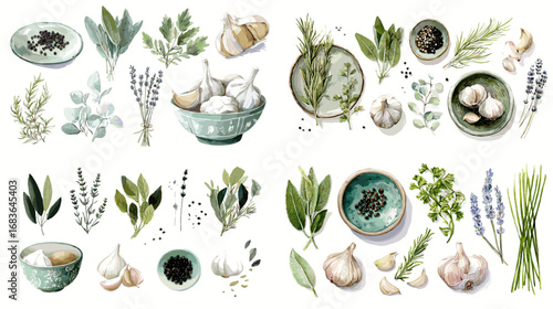Botanical watercolor illustration of garlic bulbs, herbs, and spices in rustic bowls with leaves and sprigs for culinary and kitchen design.