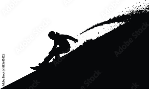 Silhouette of snowboarder riding down a slope in black and white illustration