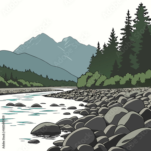 Serene mountain landscape with a winding river and rocky shore lined with pine trees